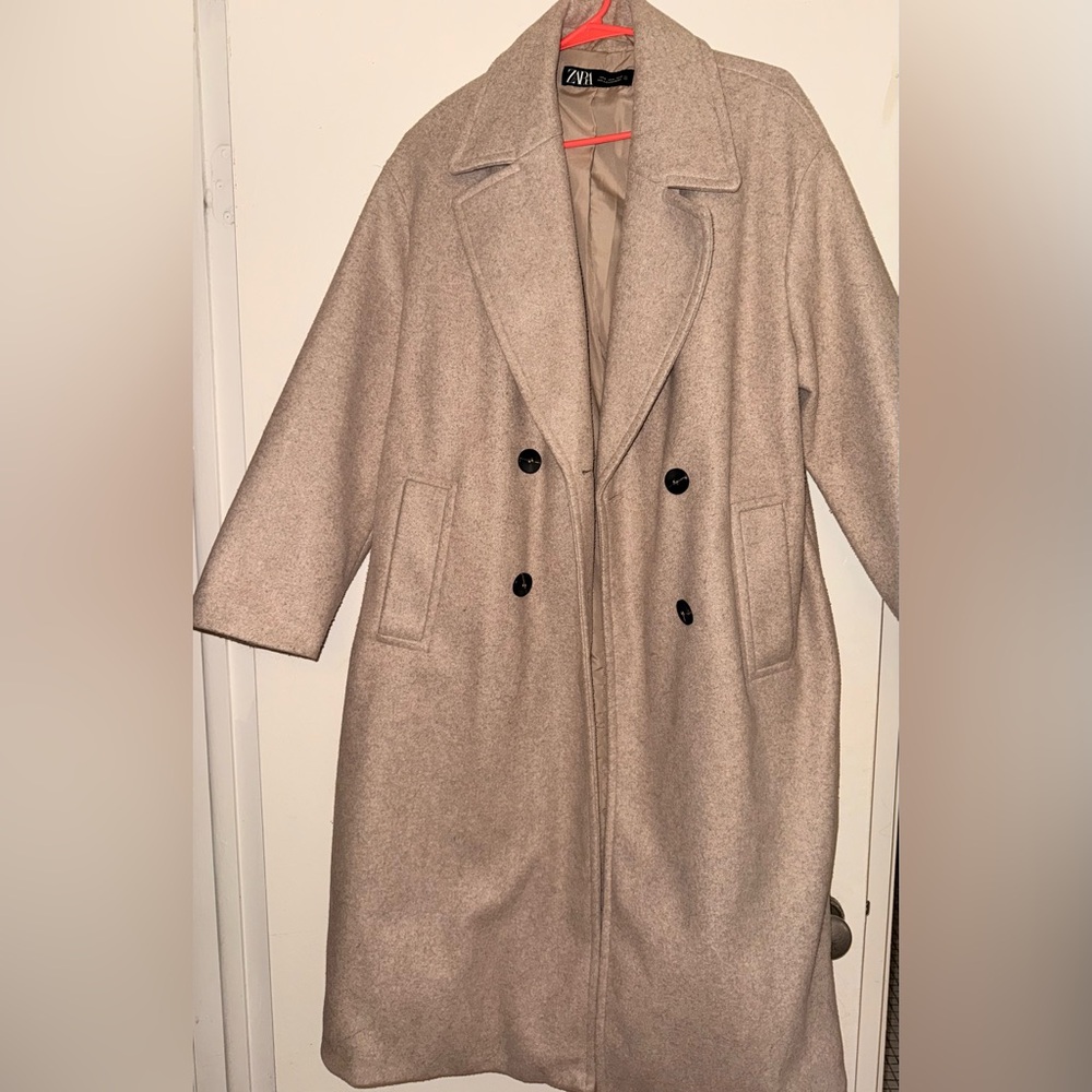 Zara Beige Double-Breasted Pea Coat